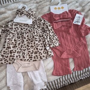 Leopard Print Baby Dress with Matching Headband & Pink Ribbed Romper Set